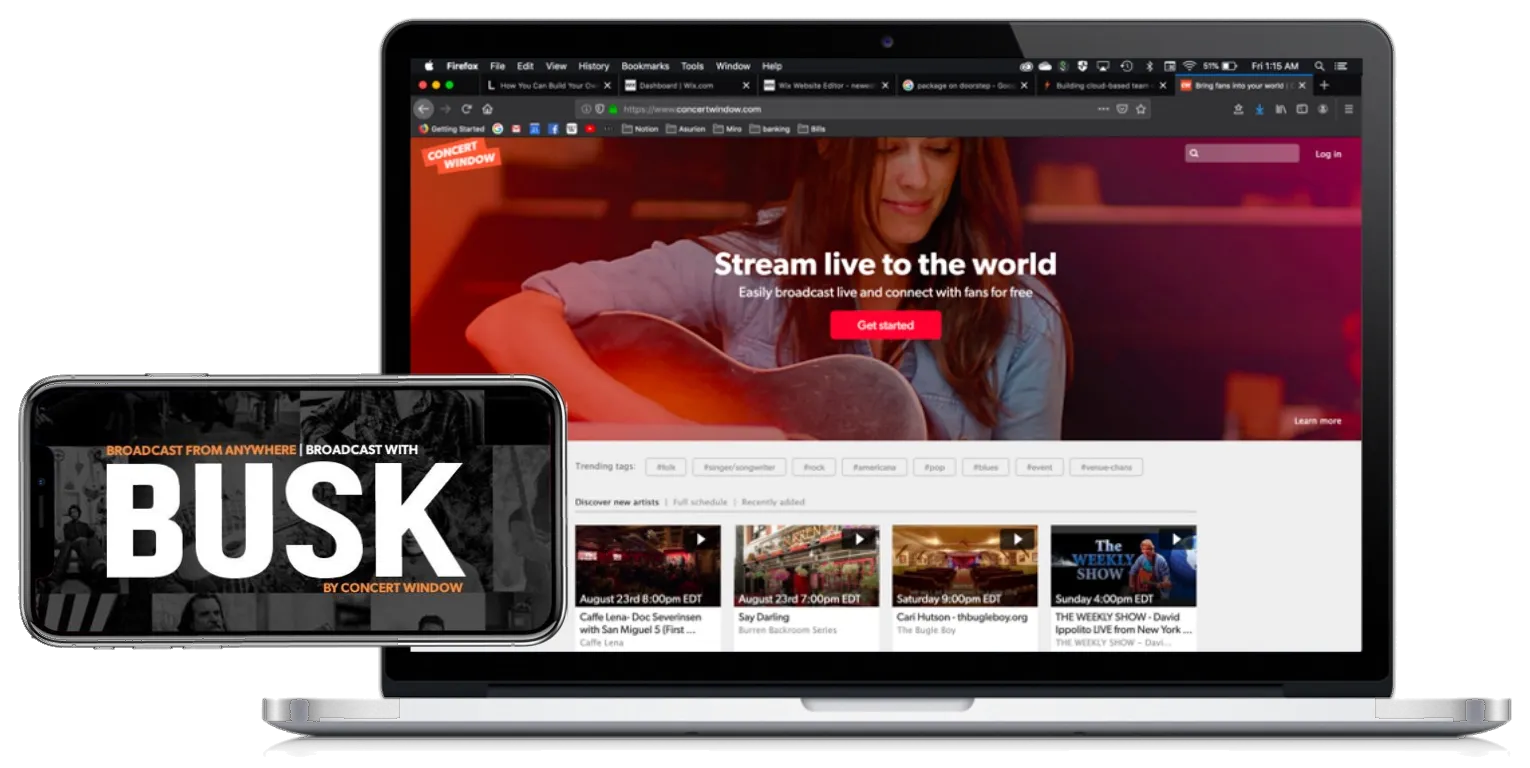 The Concert Window site on a laptop — a musician playing guitar above a row of upcoming live streams — beside a phone showing the BUSK app