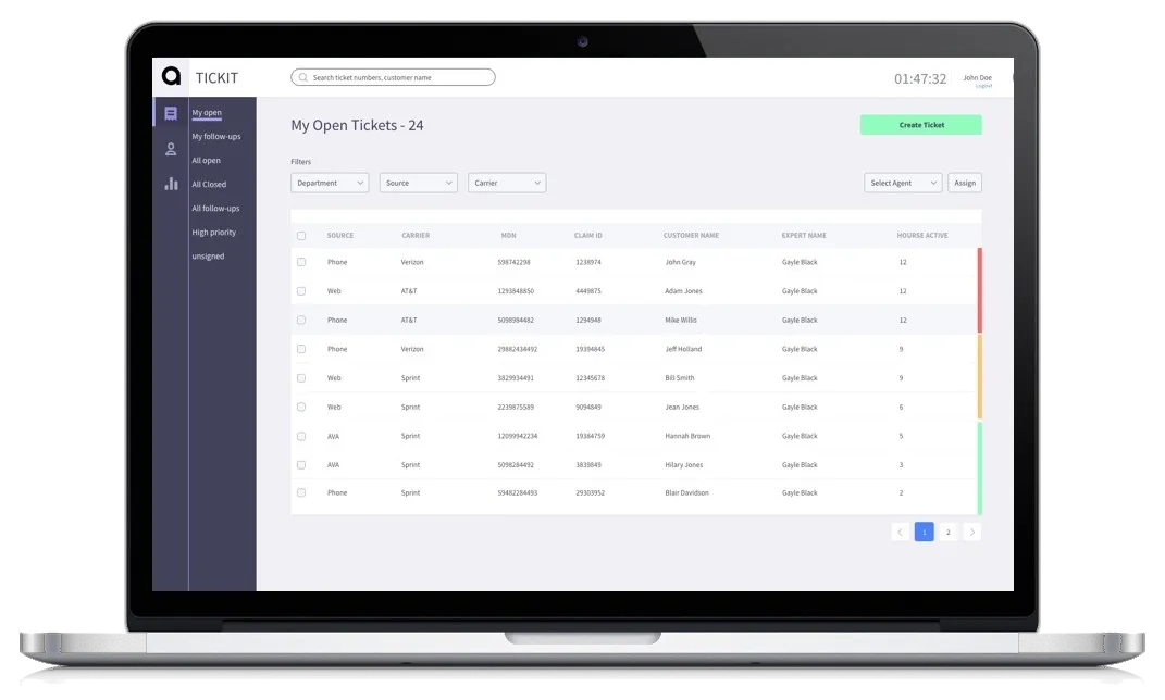 The TickIt ticket list on a laptop, showing open tickets with their source, carrier, claim ID, customer and how long each has been active